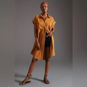 Anthropologie Maeve Side-Slit Relaxed Tunic Shirt Dress Size Medium Gold Crinkle